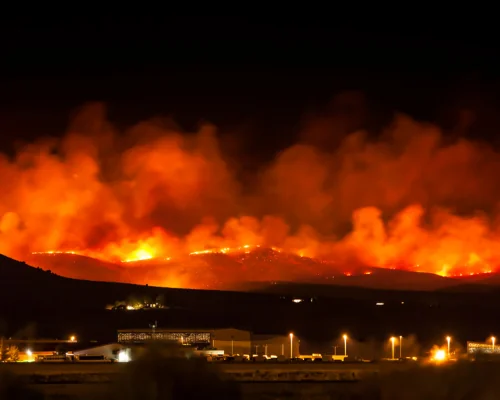 wildfires near a town