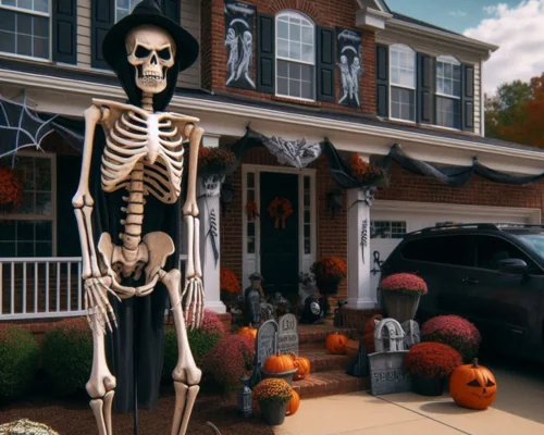 12 foot skeleton decoration in front yard 