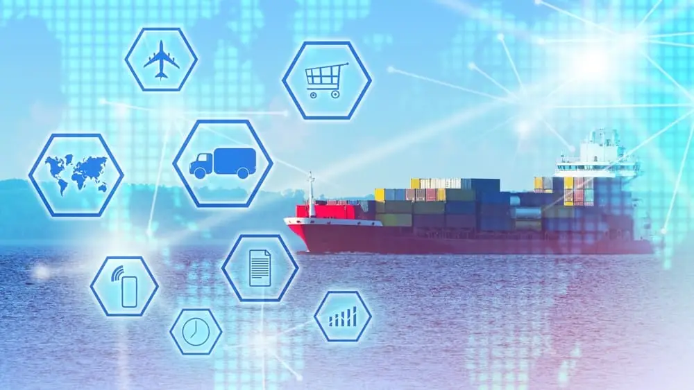 container ship on the ocean with shipping icons to represent free on board