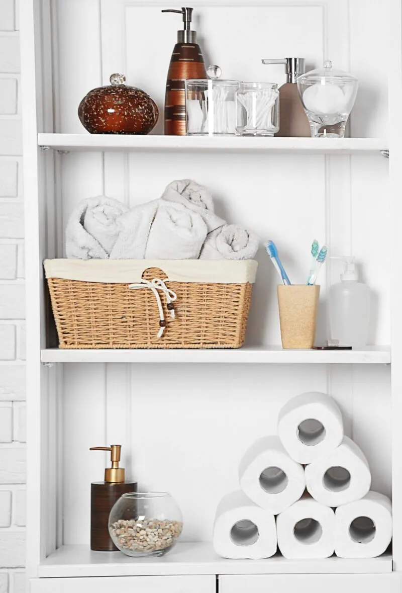 bathroom accessories on shelf