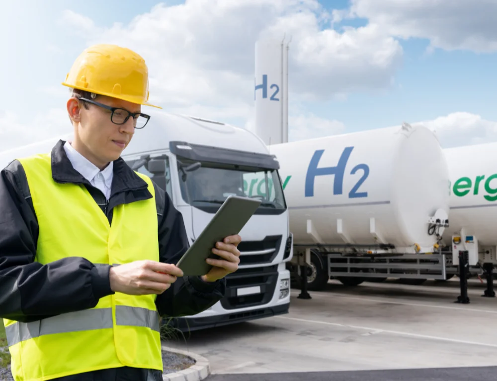 Engineer with Hydrogen trucks in background