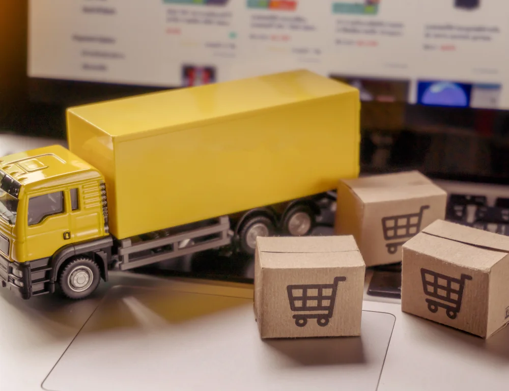 Ecommerce-Shipping-boxes-and-semi-truck-on-top-of-laptop