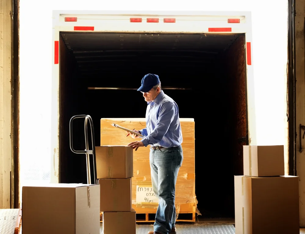 Freight-of-all-kinds-man-loading-freight-onto-trailer-while-checking-paperwork