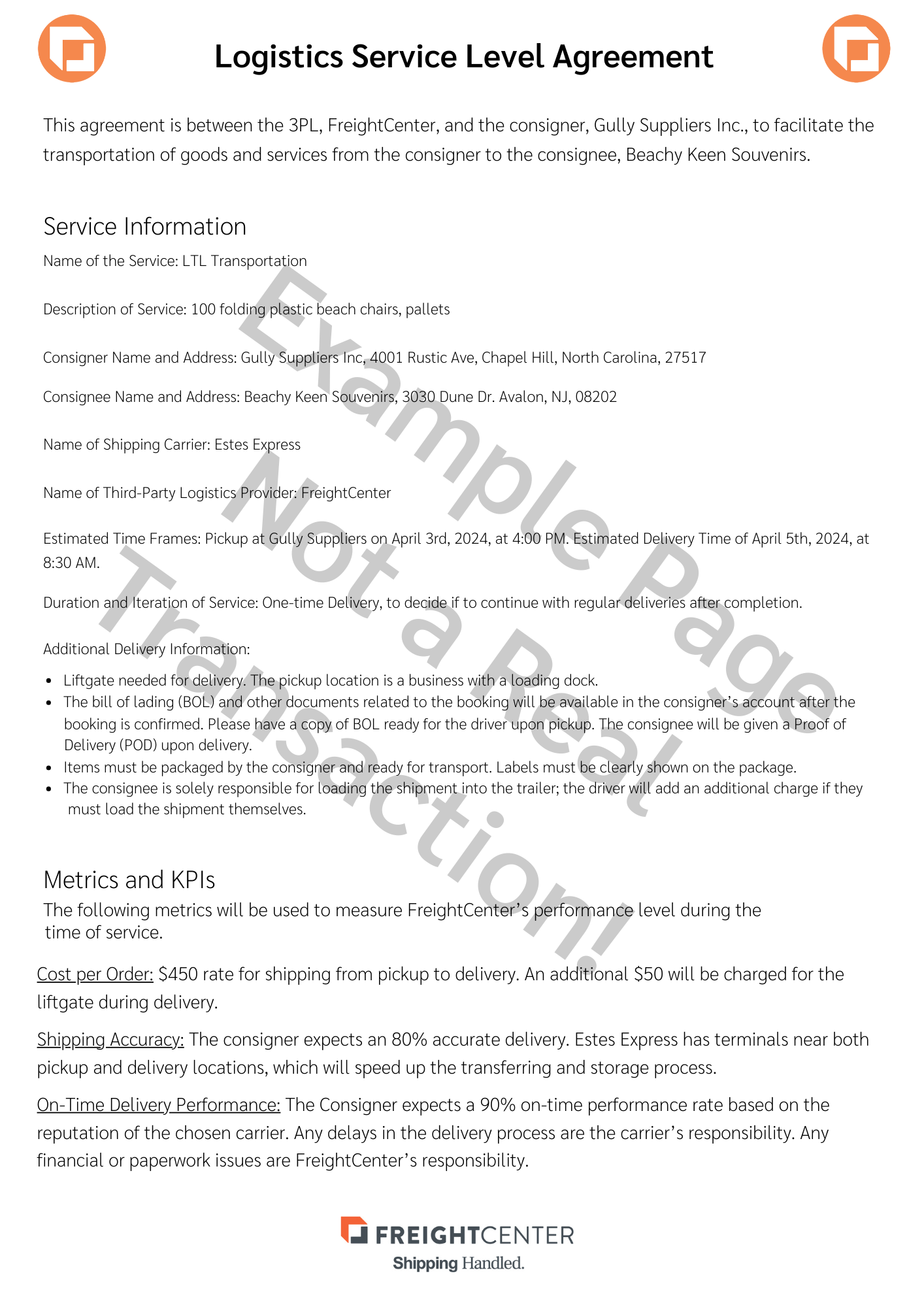 Logistics Service Level Agreement Example Page