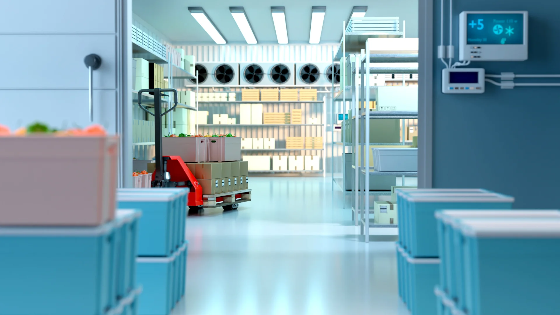 Cold Chain Logistics inside cold storage room with forklift carrying perishable items