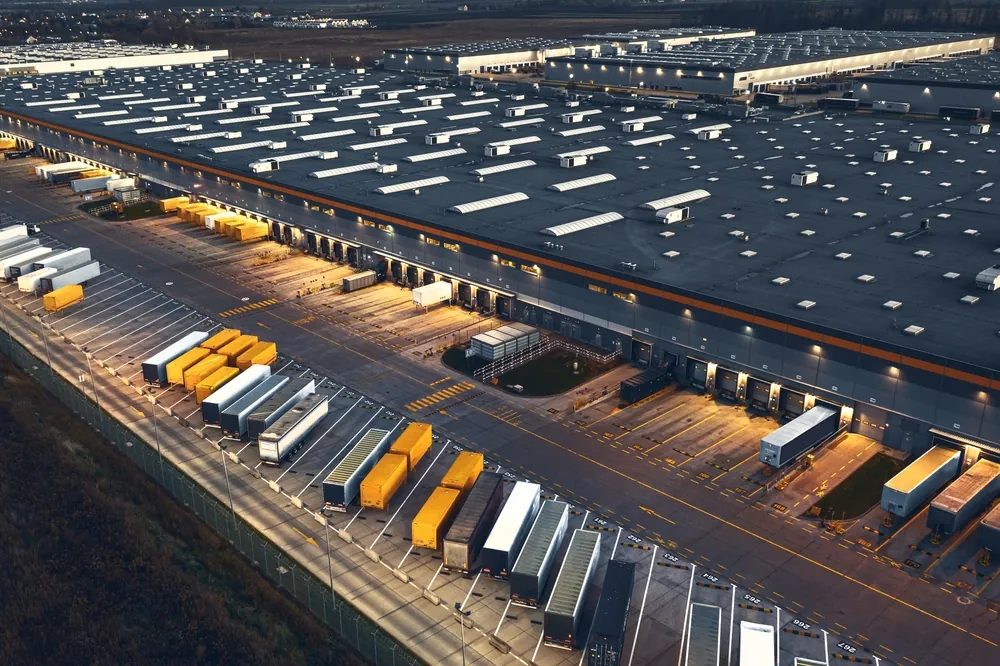 Freight-Warehousing-aerial-of-warehouse-loading-dock-exterior-at-night