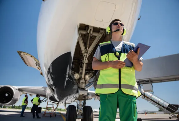 aircraft worker standing under a airplane