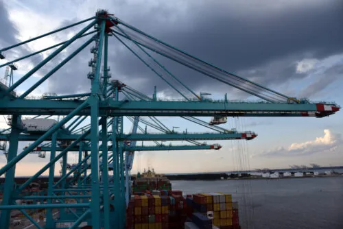 Gantry,Cranes,In,Sea,Port,During,Cargo,Operations,,Norfolk,-