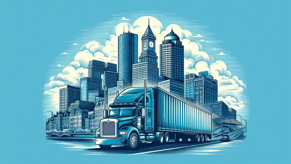 illustration of city of Boston with blue semi truck in foreground