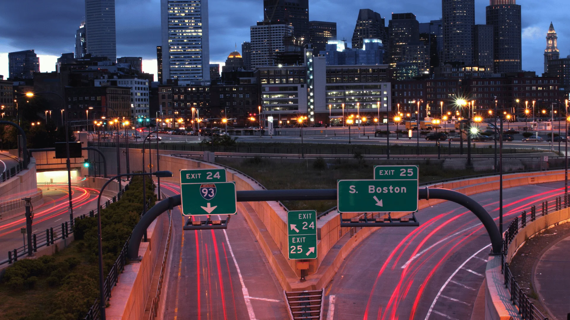 Boston Freight Shipping highway fork leading to I-93 and downtown Boston at night