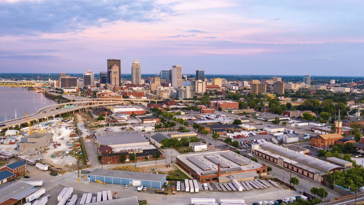 Louisville Freight Shipping aerial of downtown Louisville overlooking roads and transportation hubs