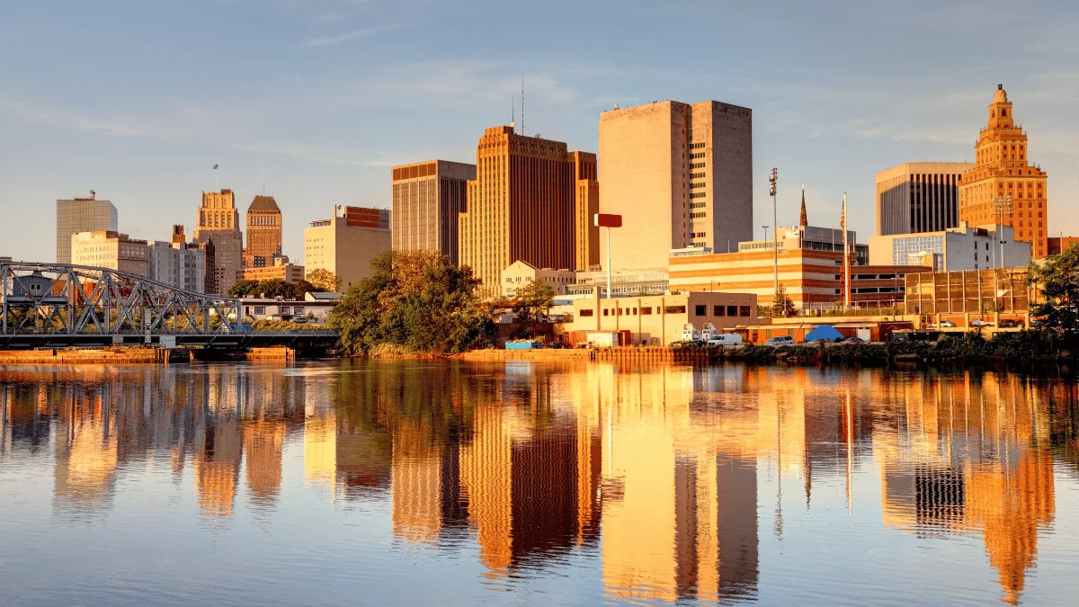 Newark Freight Shipping cityscape of Newark over river