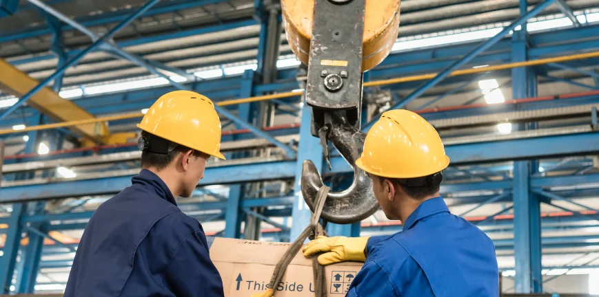 two workers lifting a box via a hoist 