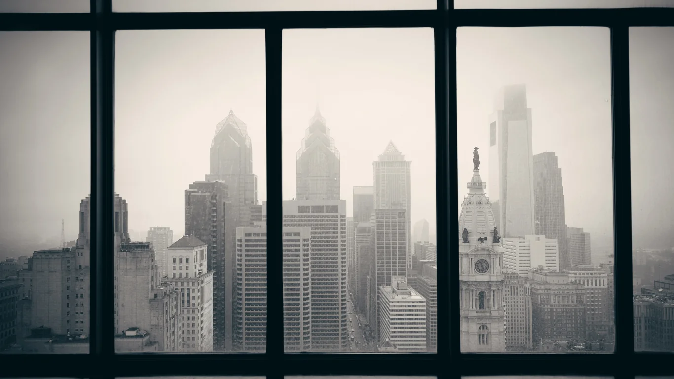 view of philadelphia buildings from inside an adjacent window