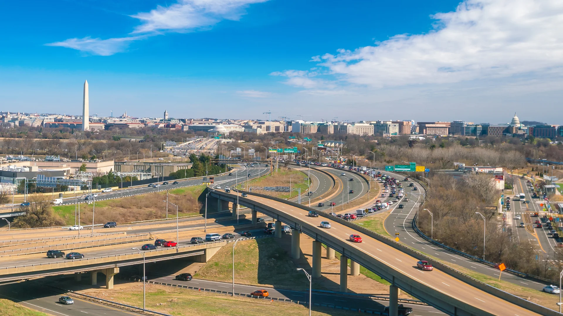 Washington D.C. Freight Shipping daytime aerial of major highway outside of D.C.