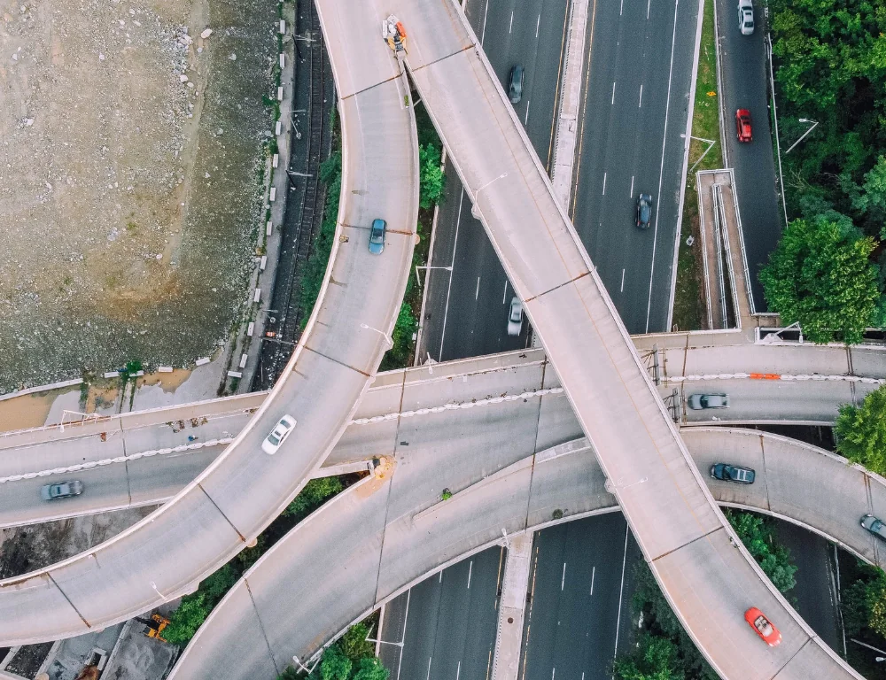 Aerial view of overlapping highways and roads