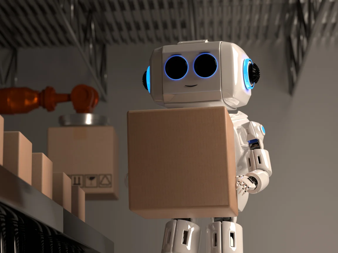 robot holding a box near a assembly line 