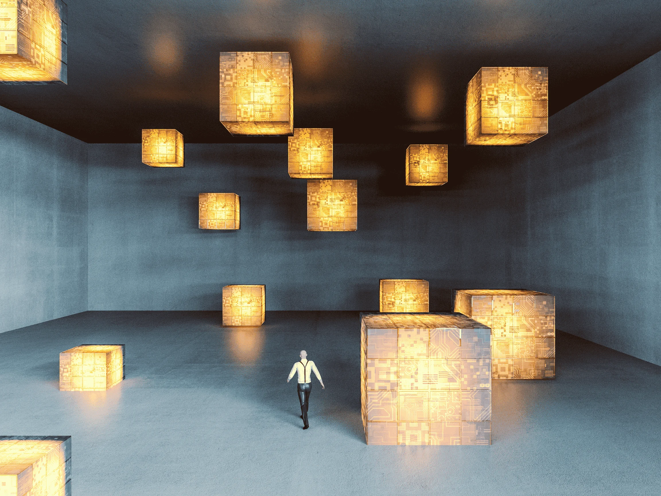 man standing in a room with illuminated boxes to represent blockchain 