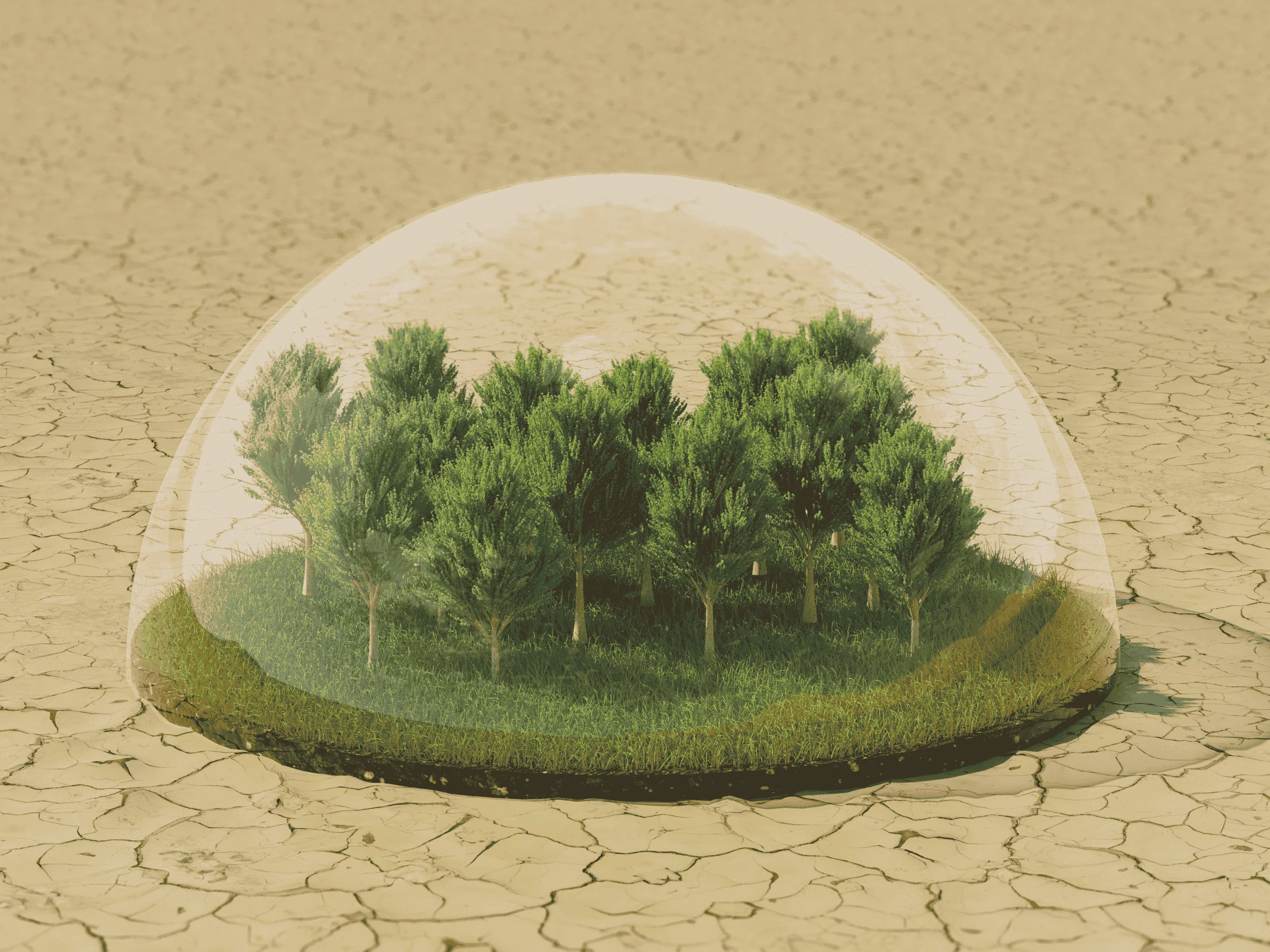 forest inside a glass dome in the desert 