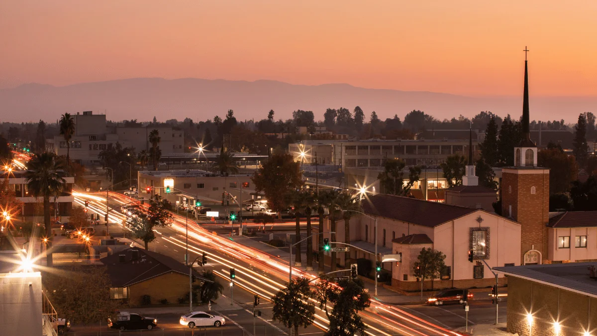 Bakersfield Freight Shipping Sunset aerial view of downtown Bakersfield