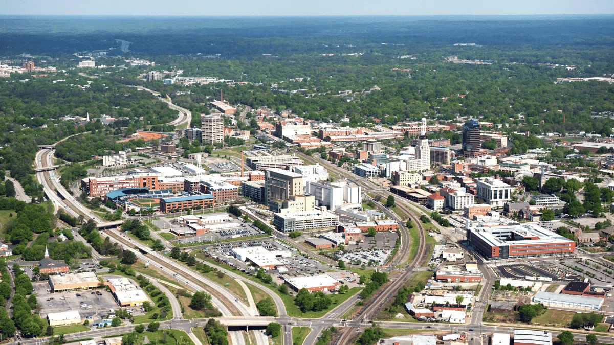 Durham Freight Shipping aerial view of downtown Durham during the day