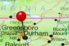 Durham Freight Shipping map of Durham North Carolina with red pin on it