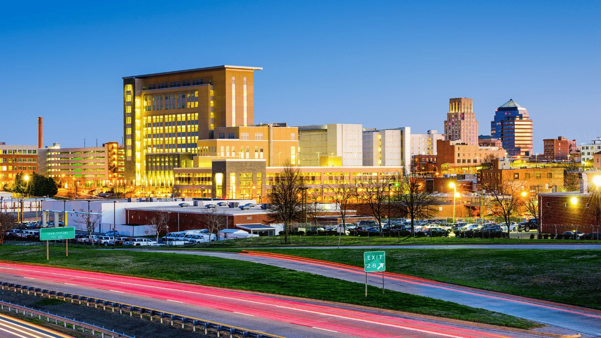 Durham Freight Shipping street view of Durham cityscape in the evening