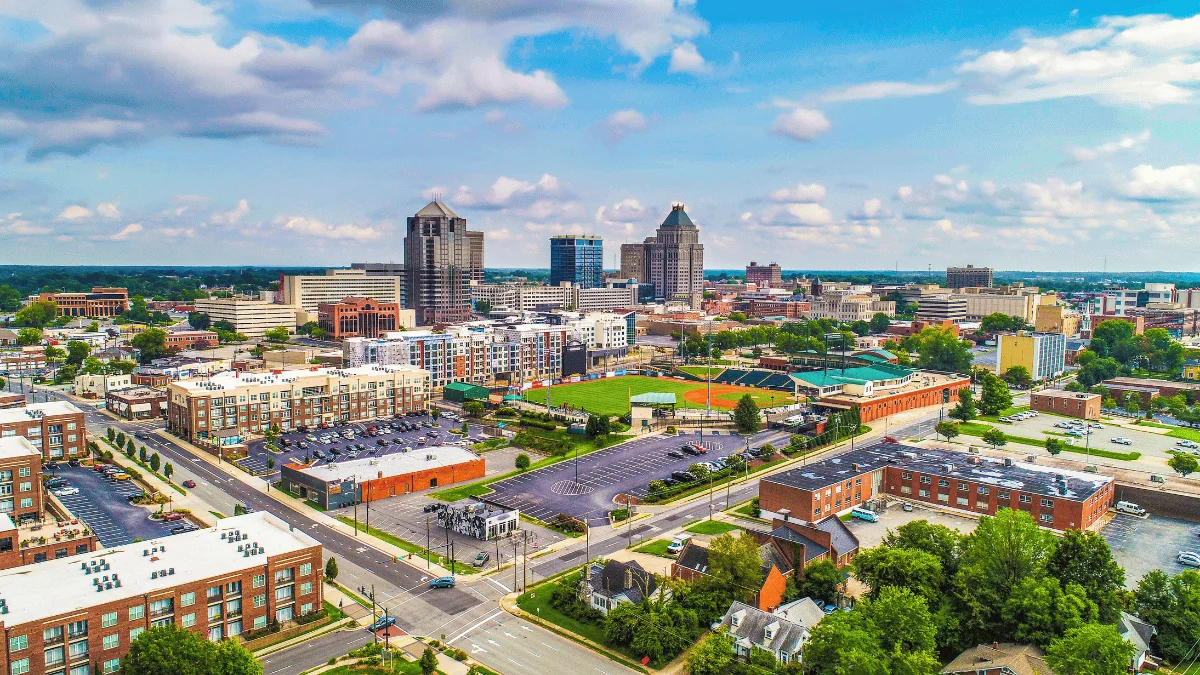 Greensboro Freight Shipping aerial view of downtown Greensboro during the day