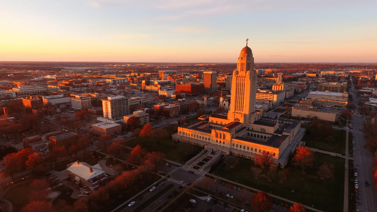 Lincoln Freight Shipping aerial view of state capital building in downtown Lincoln