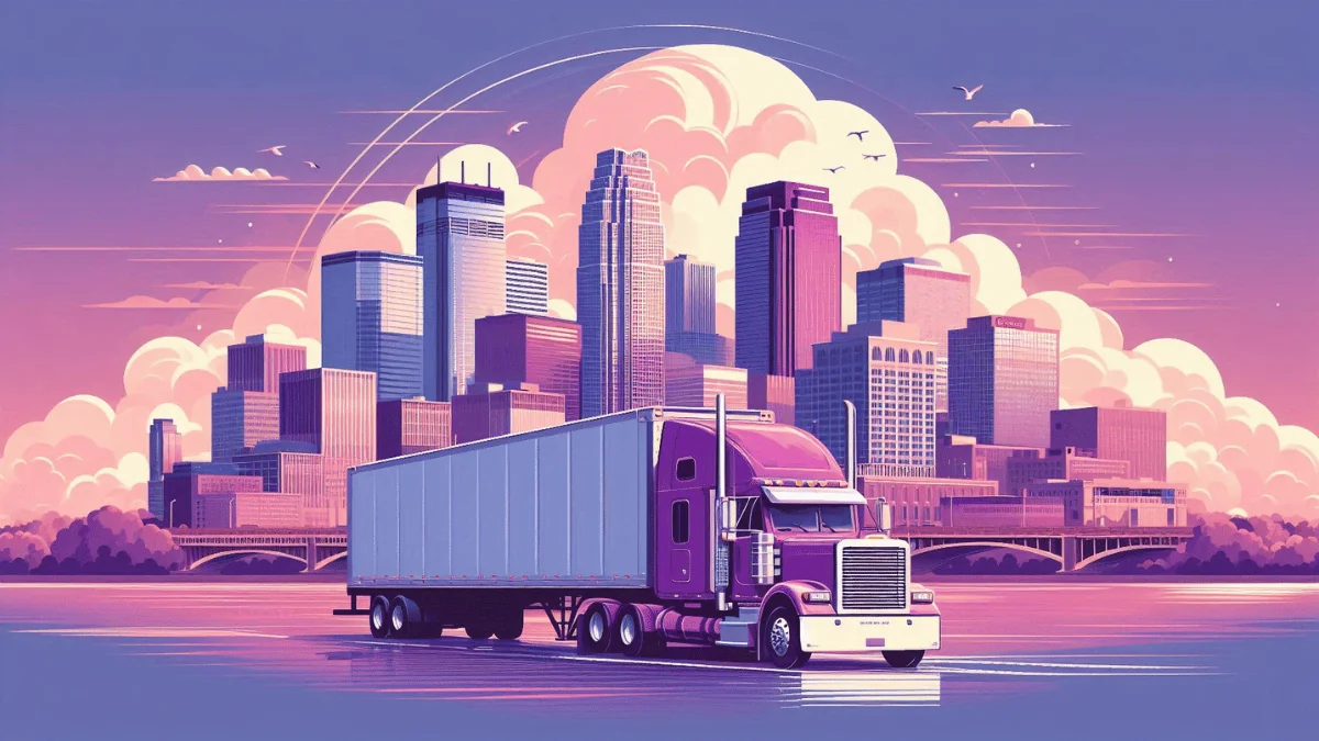 Minneapolis Freight Shipping illustration of Minneapolis cityscape with purple semi trailer at foreground