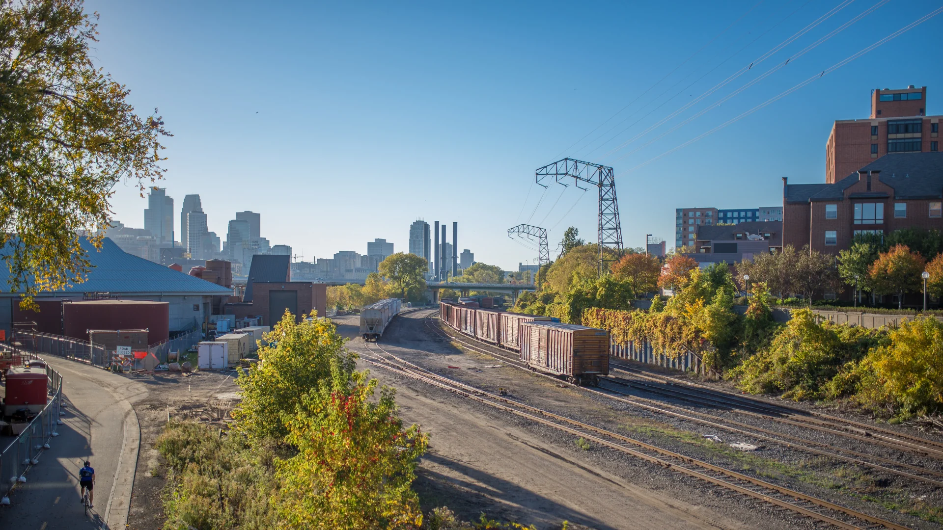 Minneapolis Freight Shipping rail yard with Minneapolis city skyscrapers in background