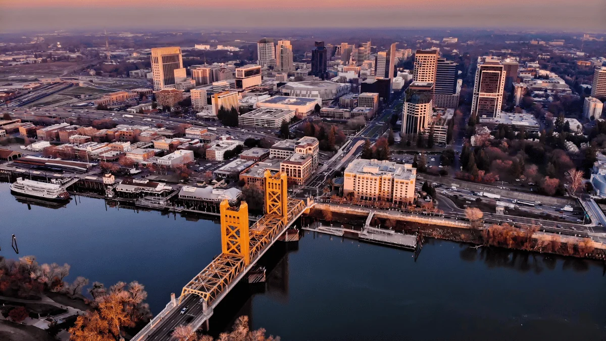 Sacramento Freight Shipping Aerial view of Sacramento at sunset