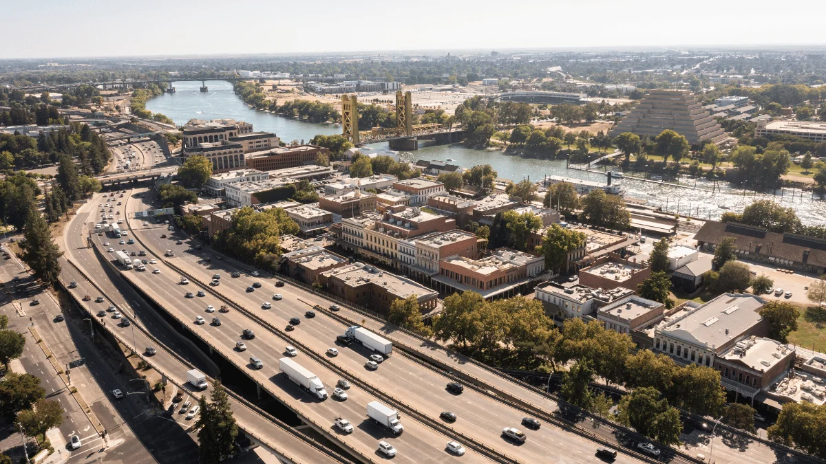 Sacramento Freight Shipping aerial view of downtown Sacramento overlooking highway traffic