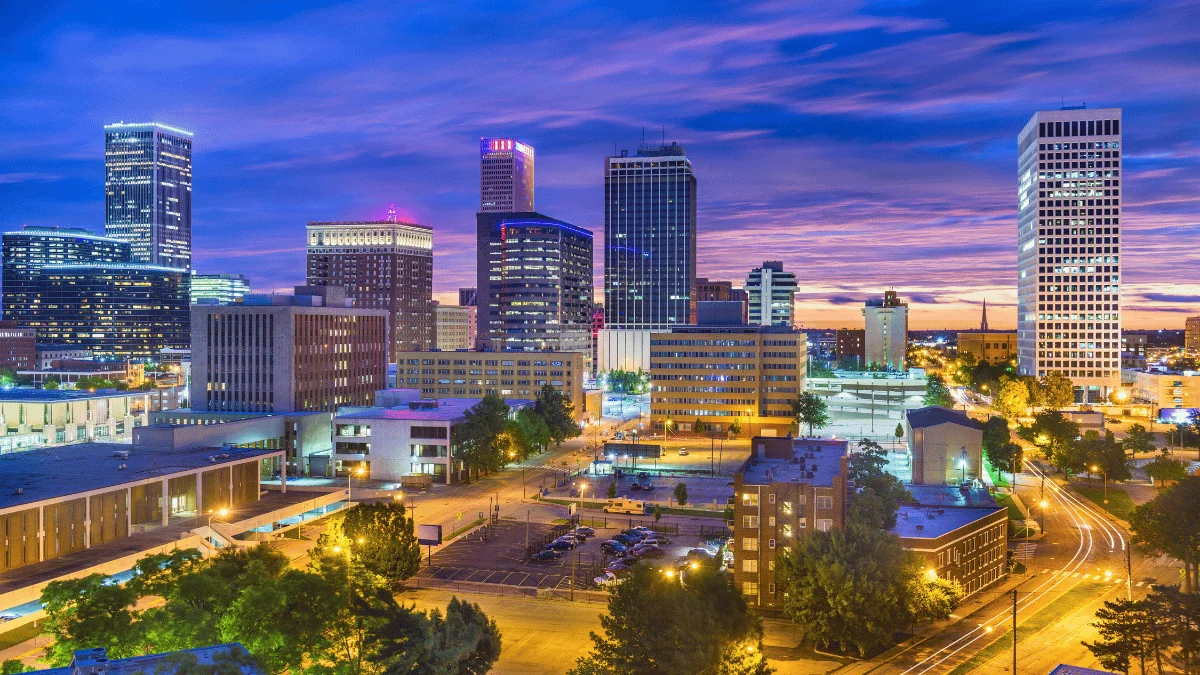 Tulsa Freight Shipping aerial view of Tulsa buildings at night