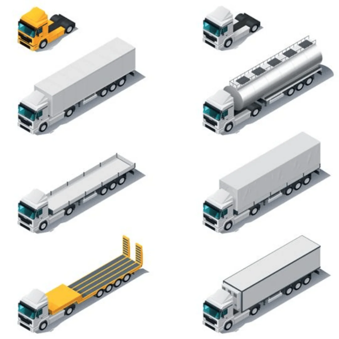 illustration of various types of semi trucks and flatbeds 