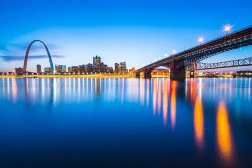 St. Louis skyline and bridge at night.