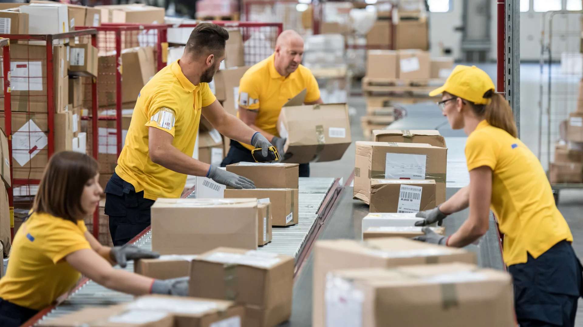 BFCM warehouse team packaging and scanning parcels for shipping