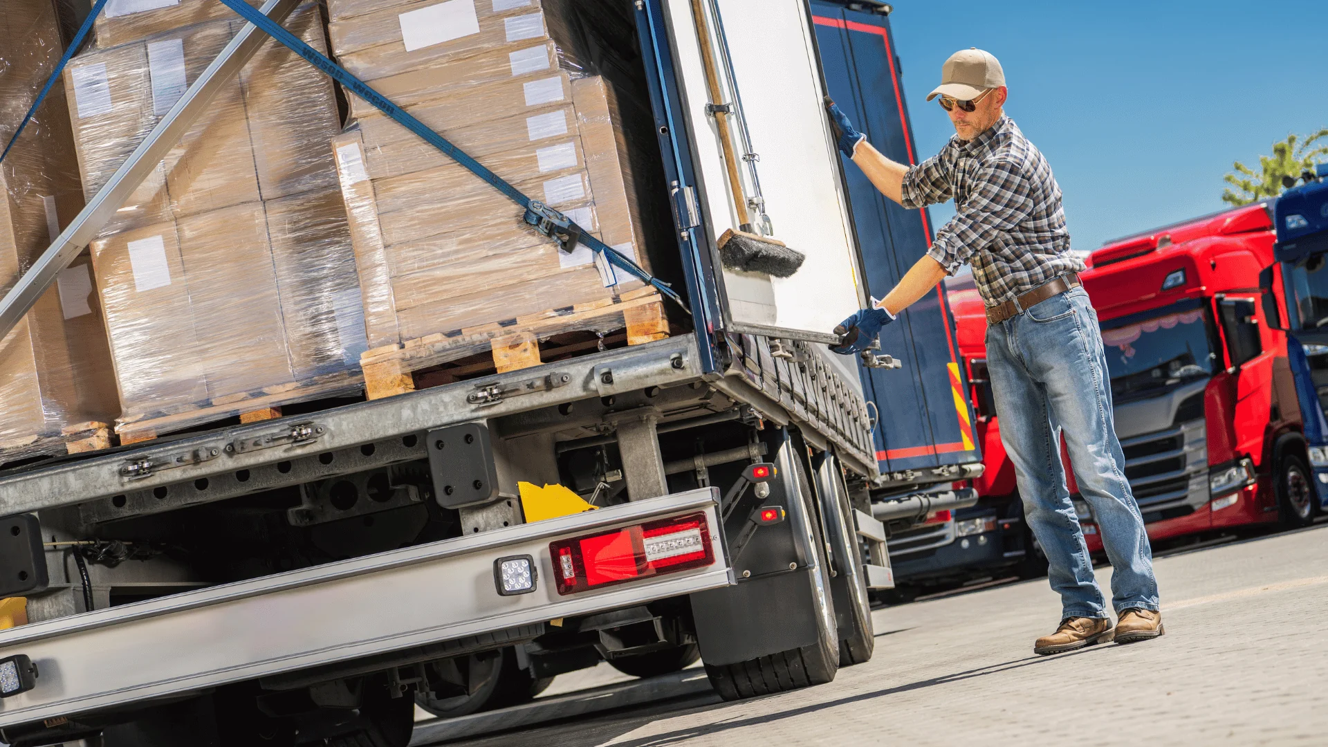 Enterprise Freight Shipping man strapping palletized boxes into trailer