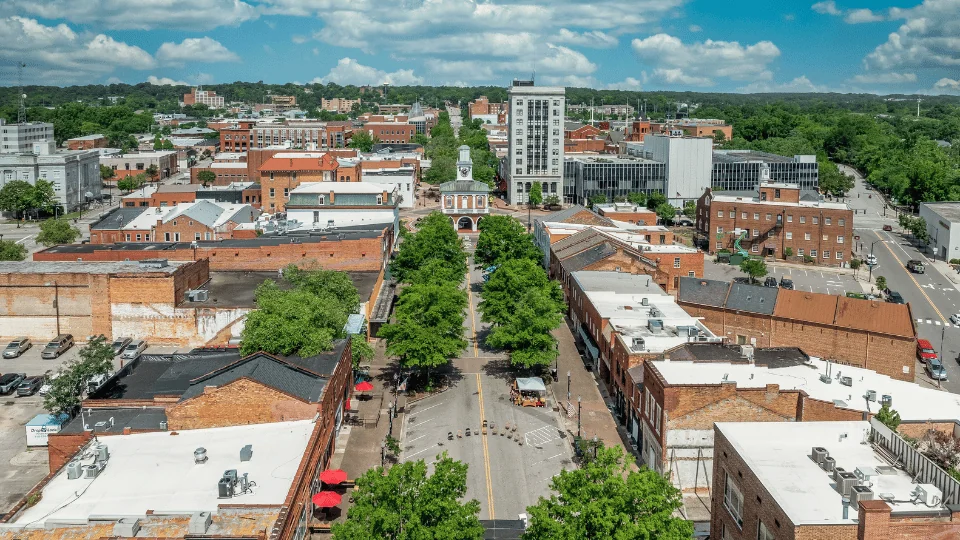 Fayetteville Freight Shipping aerial view of Hay Street with clock tower in the center of the plaza