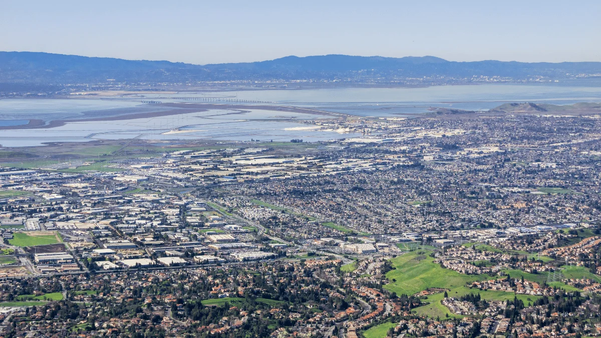 Fremont Freight Shipping aerial view of Fremont area with Dumbarton bridge in the background