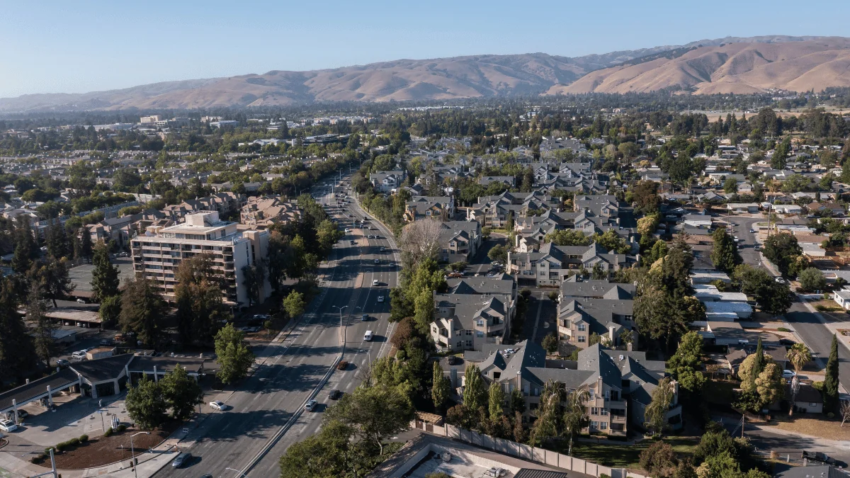 Fremont Freight Shipping aerial view of Fremont residential and downtown area on sunny day