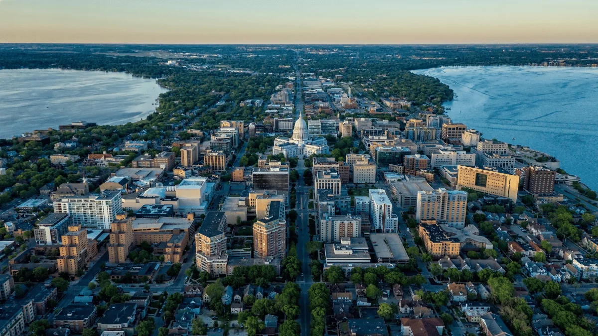 Madison Freight Shipping aerial wide view of Madison isthmus