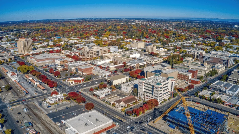 Modesto Freight Shipping aerial view of downtown Modesto in the daytime during autumn