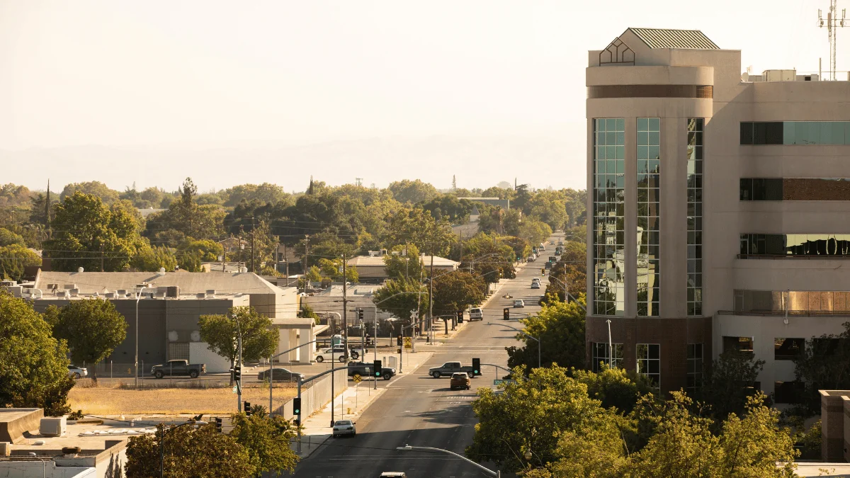 Modesto Freight Shipping street view of city street near downtown Modesto in the daytime