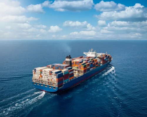 A large container cargo ship travels over calm, blue ocean