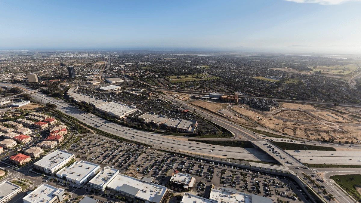 Oxnard Freight Shipping aerial view of North Oxnard Blvd crossing over US 101 (Ventura Freeway) during the day