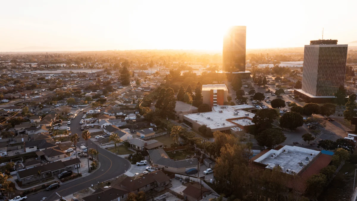 Oxnard Freight Shipping aerial view of downtown Oxnard at sunset