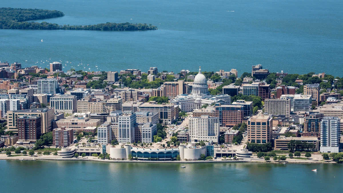 Madison Freight Shipping aerial view of Madison city isthmus