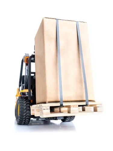 forklift lifting a box strapped to a pallet