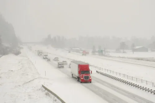 Truck driving on snowy highway